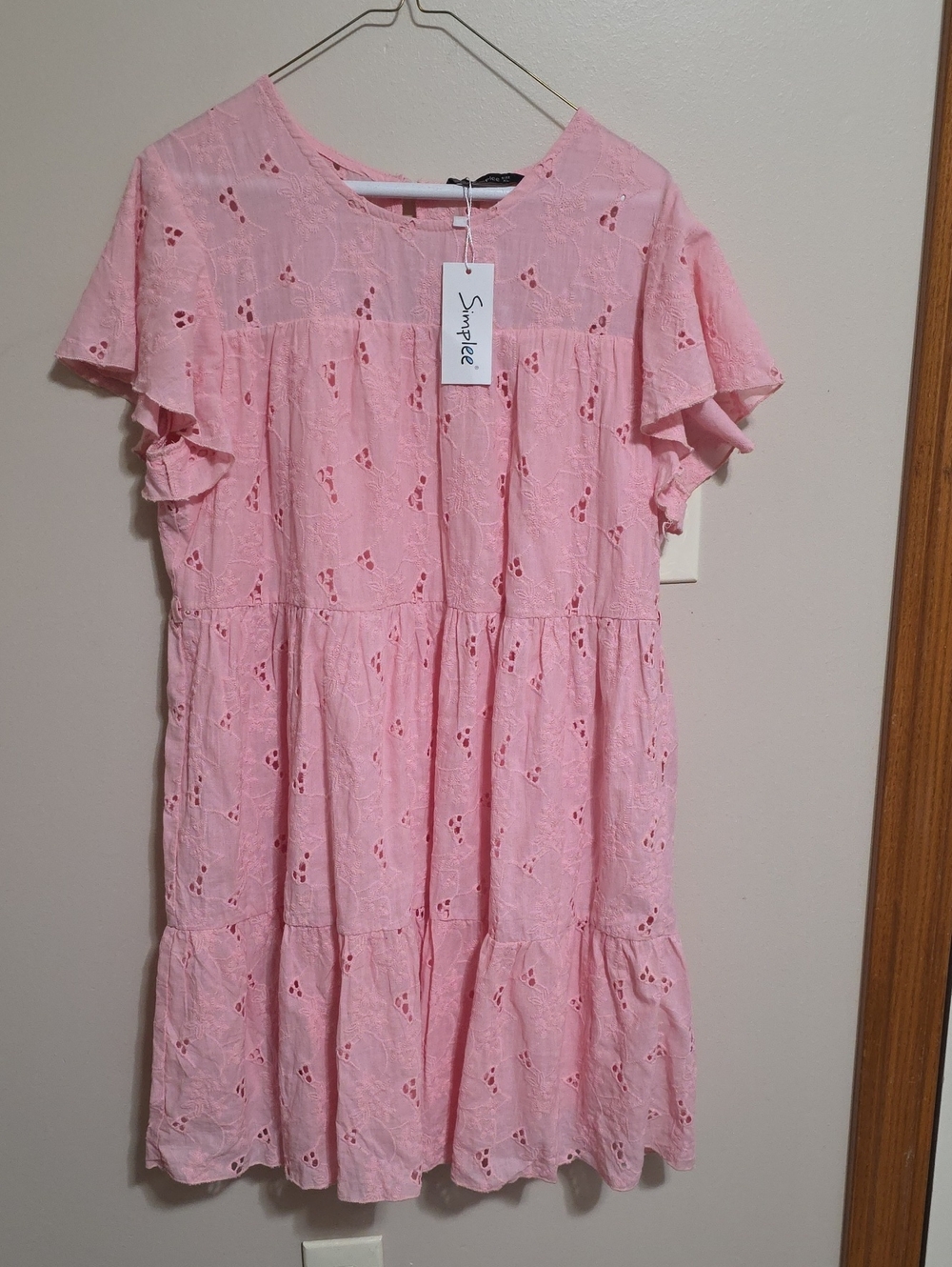 Simplee Apparel Light Pink Eyelet Tiered Mini Dress